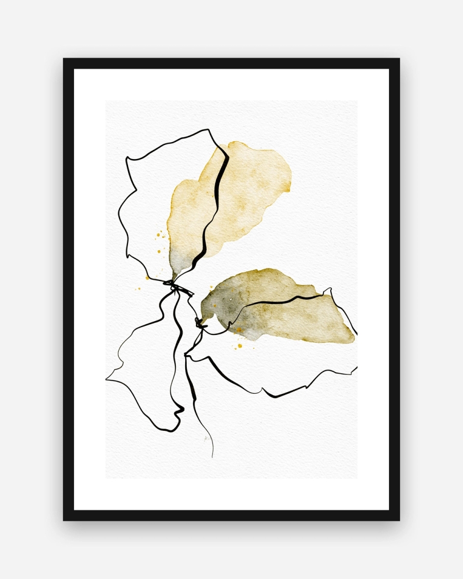 Ink and Ochre Bloom poster with a white border in a black frame