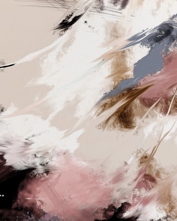 Abstract painting with sweeping brushstrokes in beige, dusty rose, warm brown and slate blue