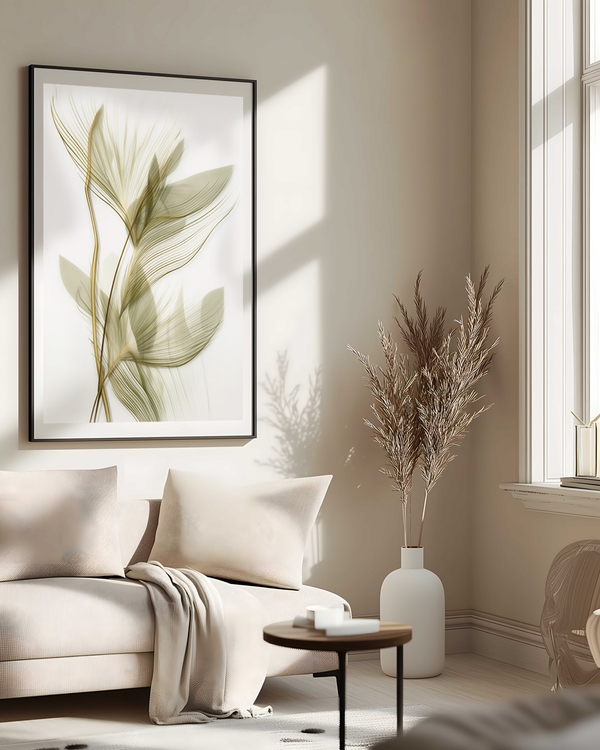 A poster of a Fine golden botanical lines forming soft leaves