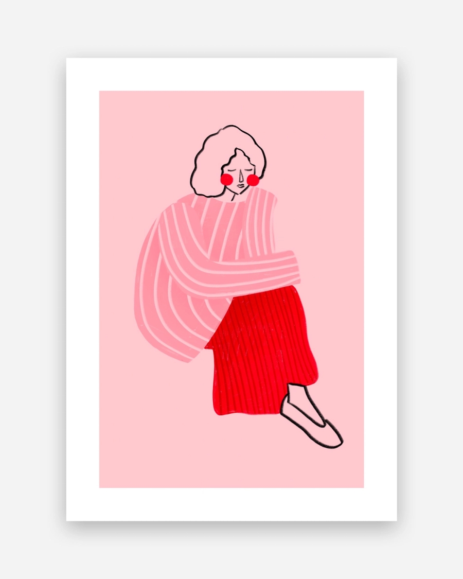 Thoughtful in Pink poster with a white border, unframed on a light gray background