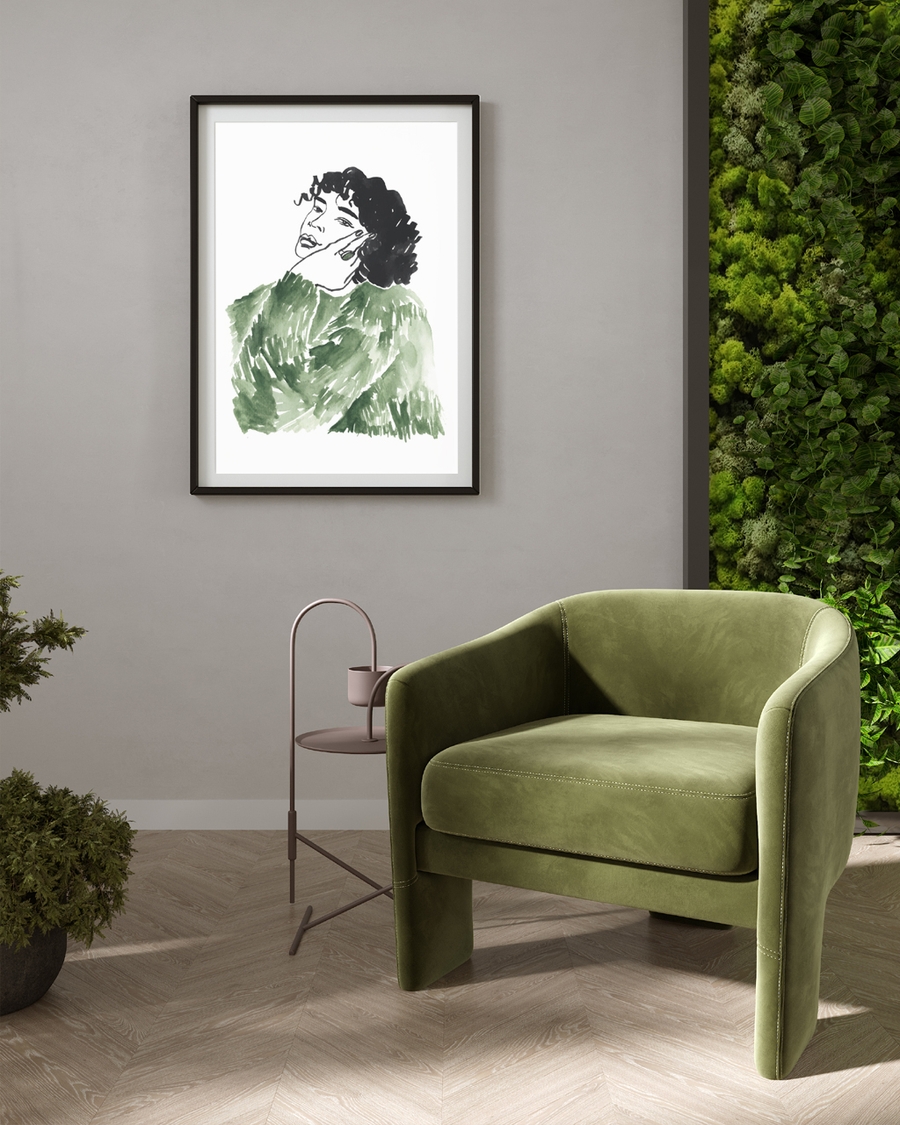 A poster of a Painted figure in green tones with expressive brushstrokes