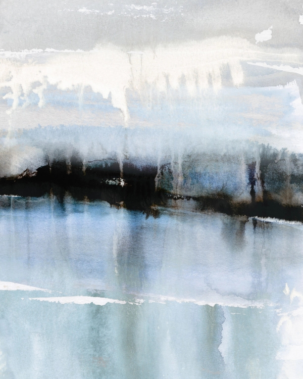 Abstract watercolor in pale blue, gray and white with a dark horizontal band and dripping paint