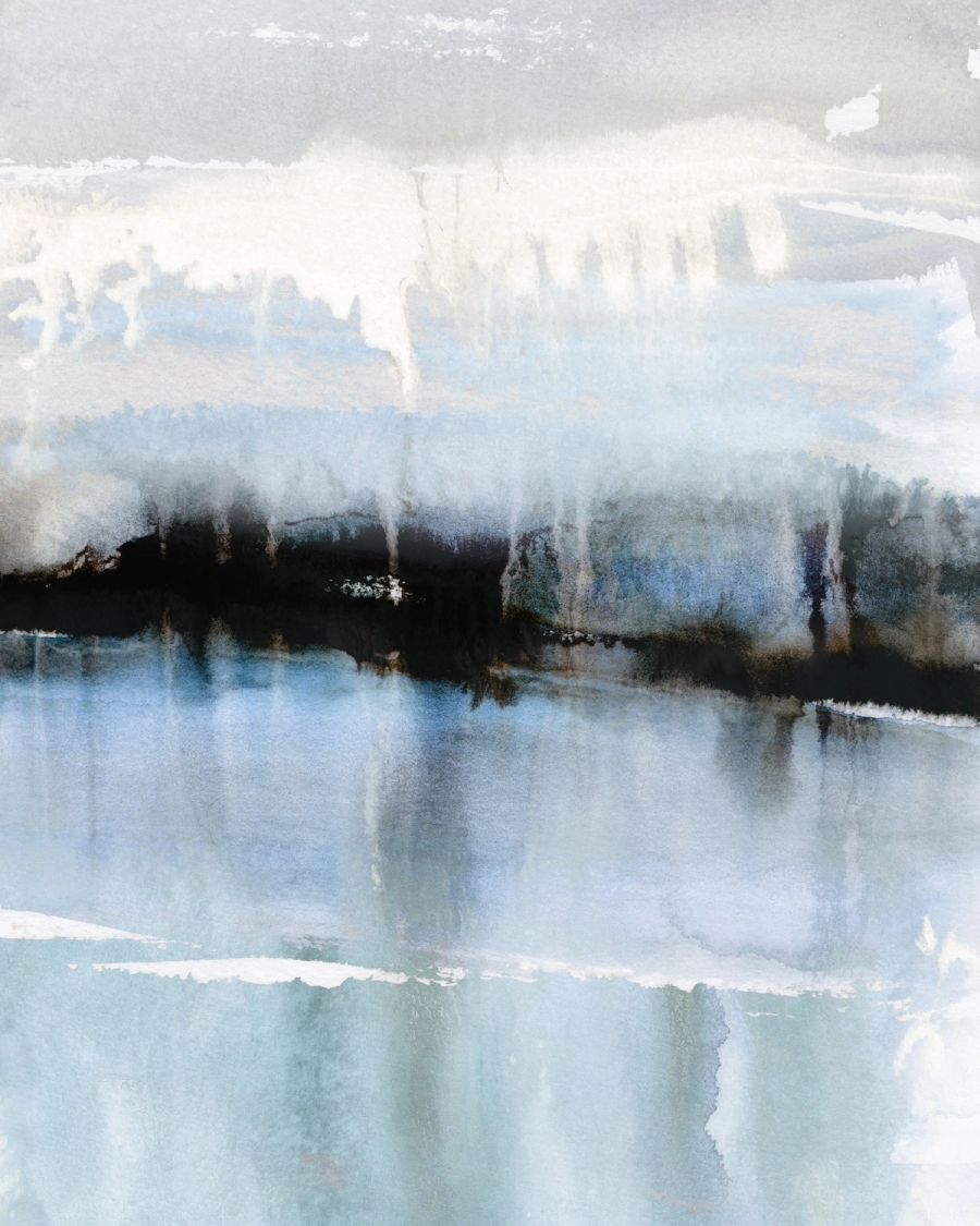 Abstract watercolor in pale blue, gray and white with a dark horizontal band and dripping paint