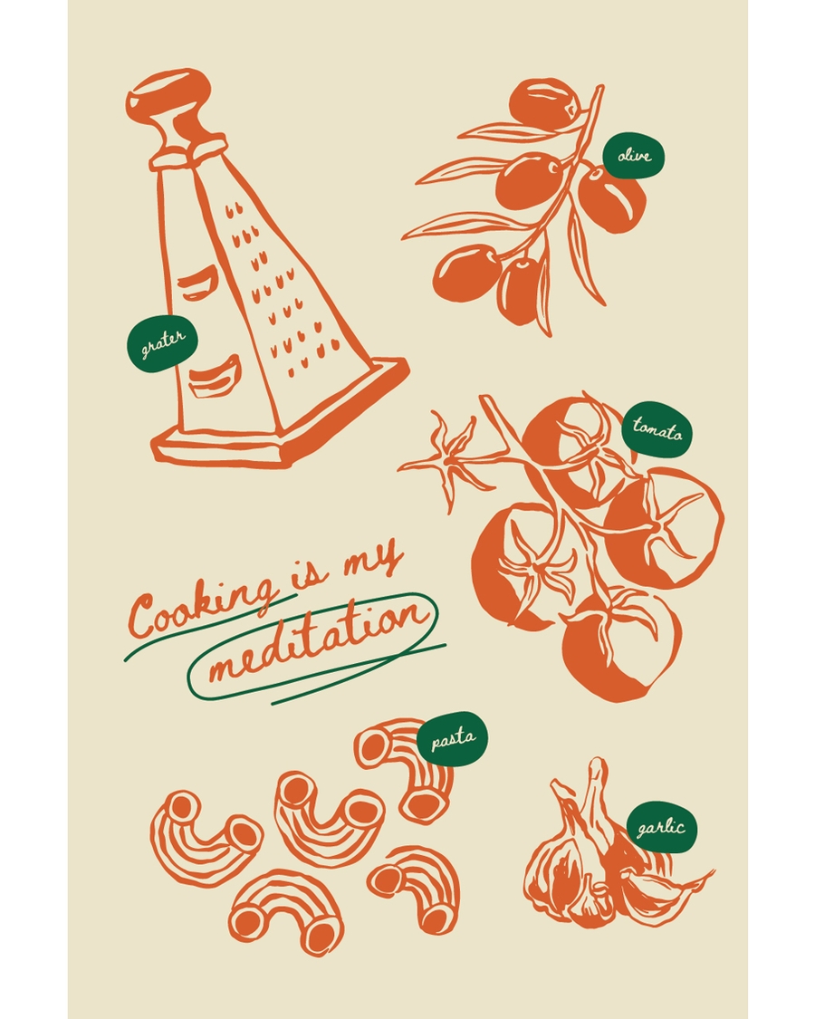 Illustrated kitchen ingredients with cooking meditation text