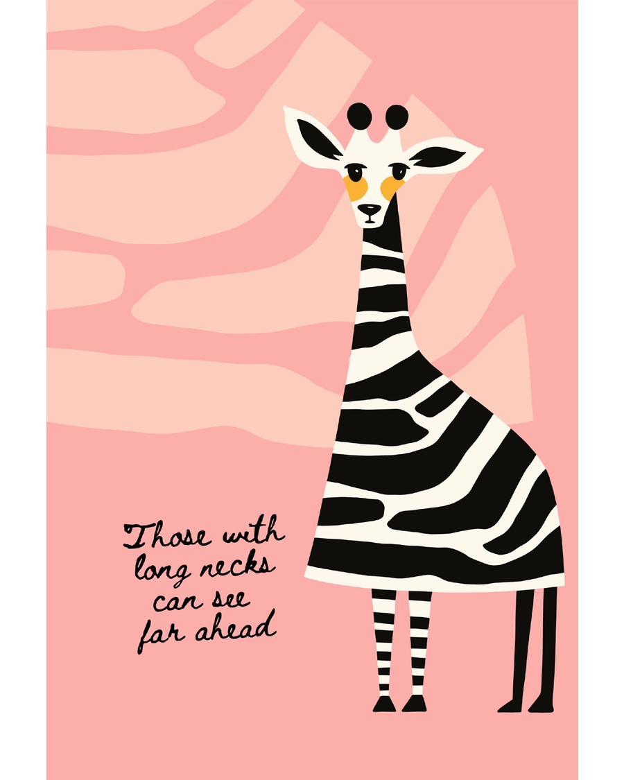 Striped giraffe on pink background with message
