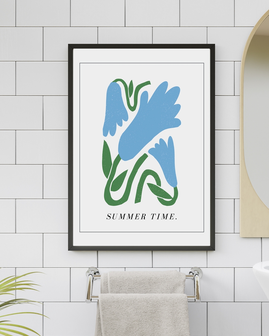 A poster of an abstract floral hanged on the bathroom wall