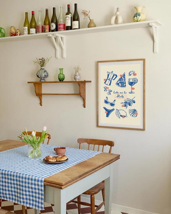 A poster of a Illustrated Italian food icons with take me to Italy
