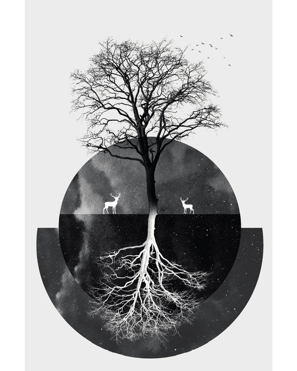 Japandi tree with mirrored roots and circle