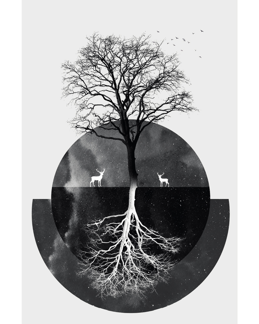 Japandi tree with mirrored roots and circle