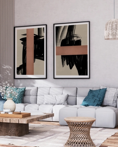 A poster of a abstract poster with bold black brushstrokes and clay band