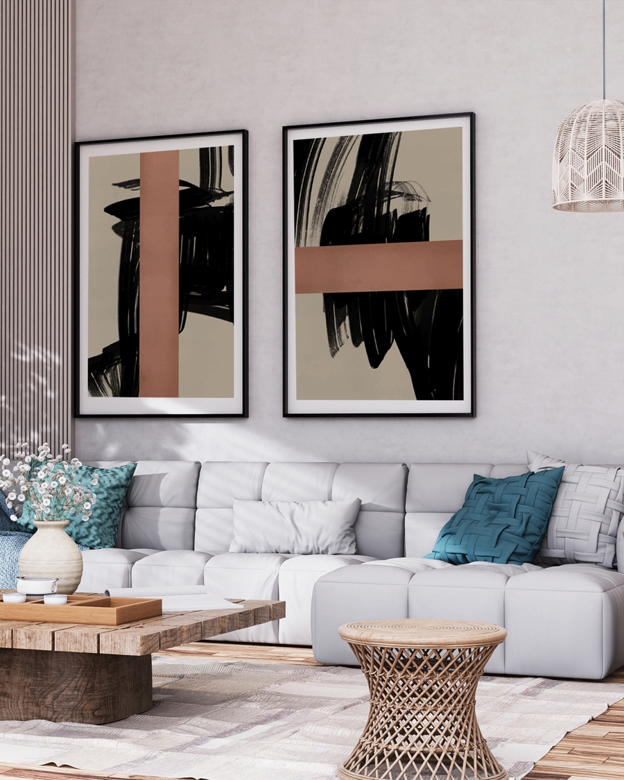 A poster of a abstract poster with bold black brushstrokes and clay band