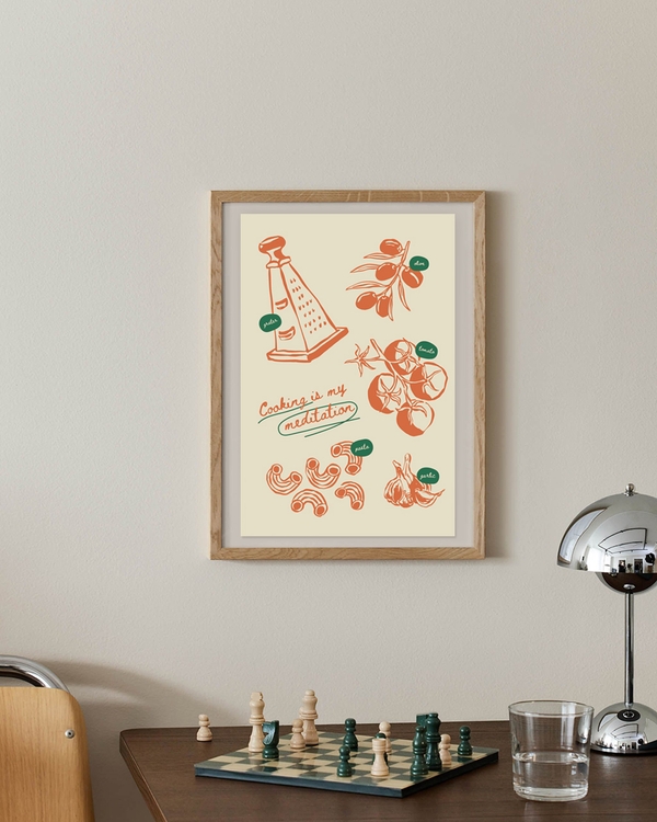 A poster of a Illustrated kitchen ingredients with cooking meditation text