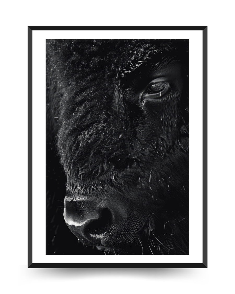 A poster of a Black and white close-up of wild animal face