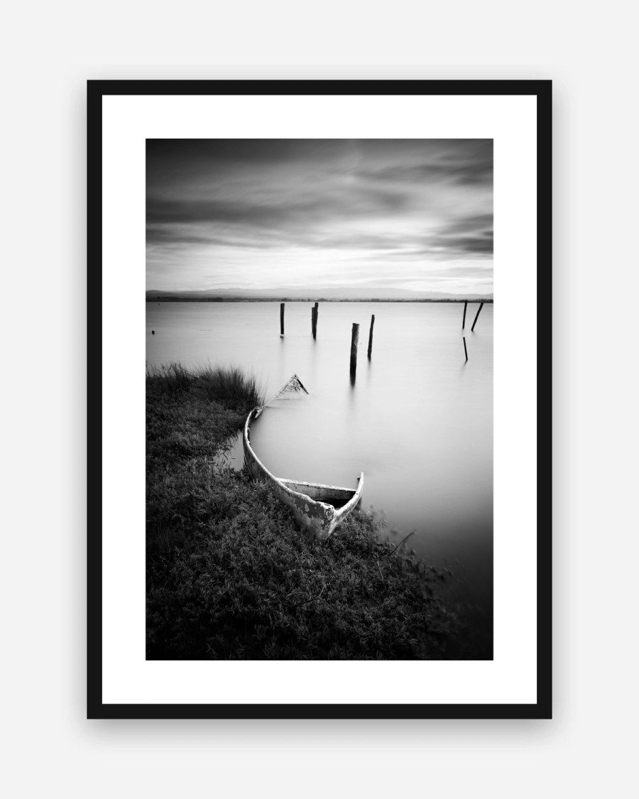 Forgotten Rowboat poster with a white border in a black frame