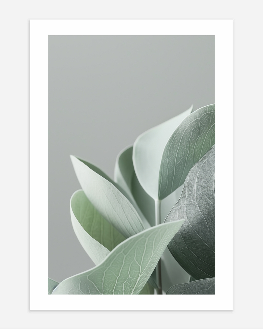 A poster of a Soft sage green leaves on muted grey background
