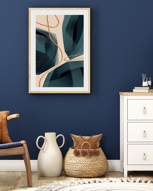 A poster of a abstract teal shapes with beige organic lines