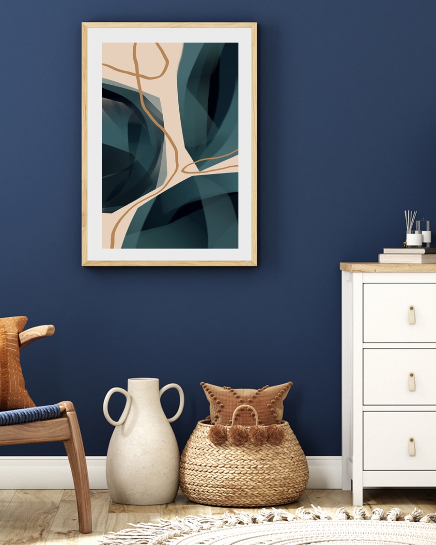 A poster of a abstract teal shapes with beige organic lines