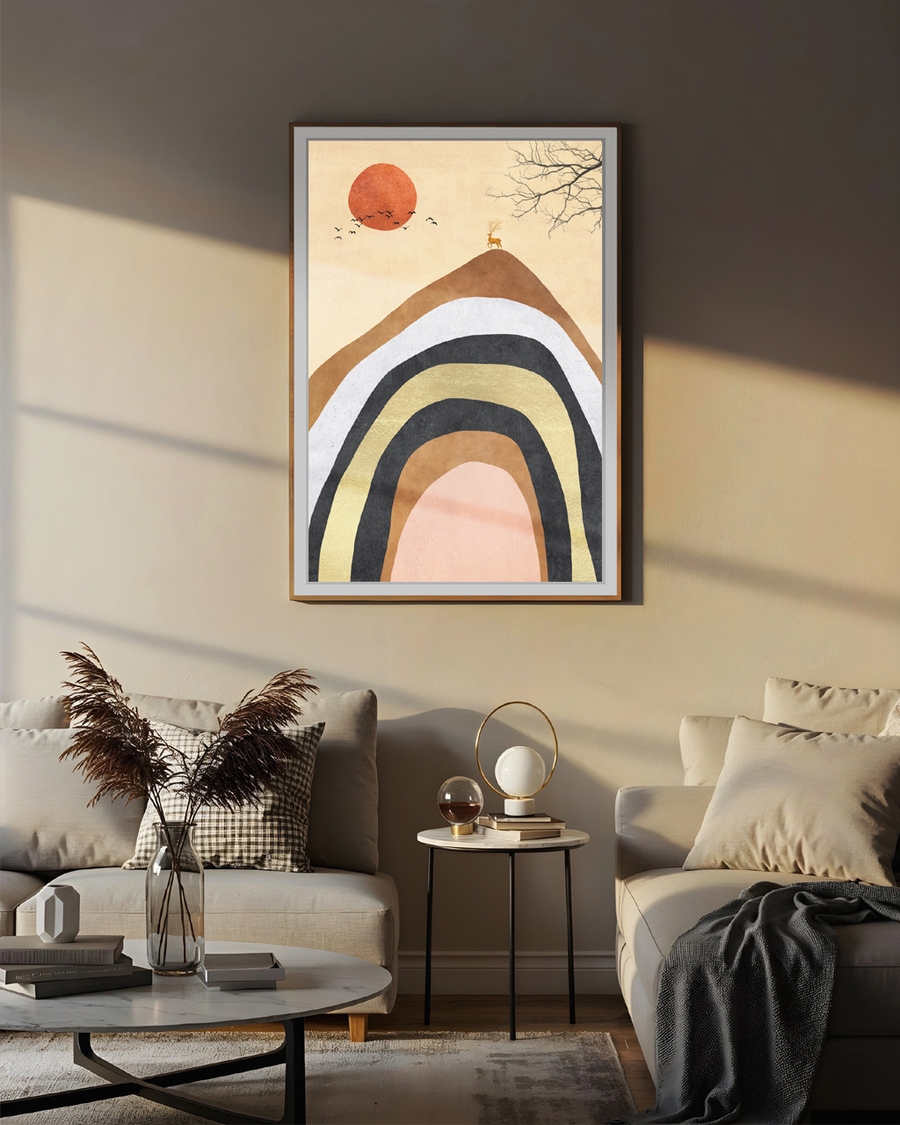 A poster of a Japandi mountain layers with sun and deer