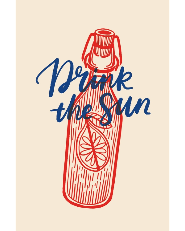 Graphic citrus bottle illustration with drink the sun text