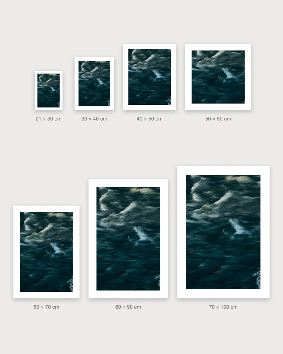 Teal Current poster in 7 sizes, shown to scale: 21 × 30, 30 × 40, 40 × 50, 50 × 50, 50 × 70, 60 × 90 and 70 × 100 cm