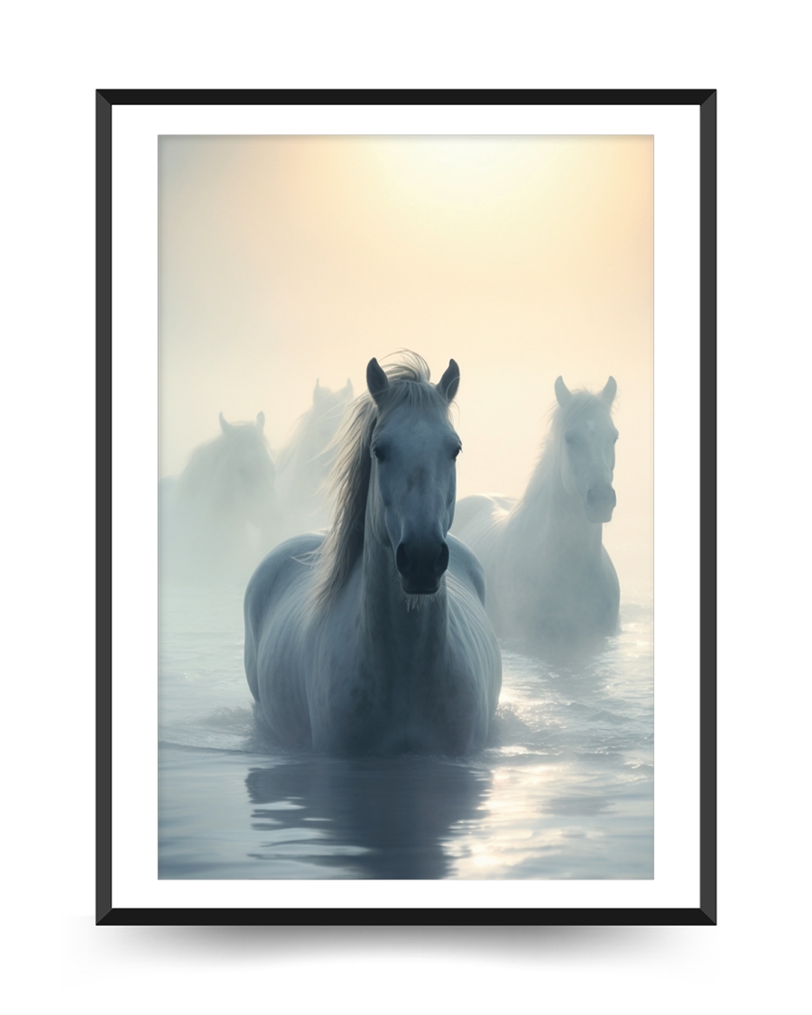 A poster of a White horses standing in misty water during sunrise