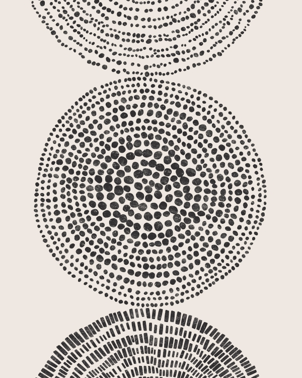 Abstract poster with three circles formed by hand-stamped black dots and dashes on a warm beige background