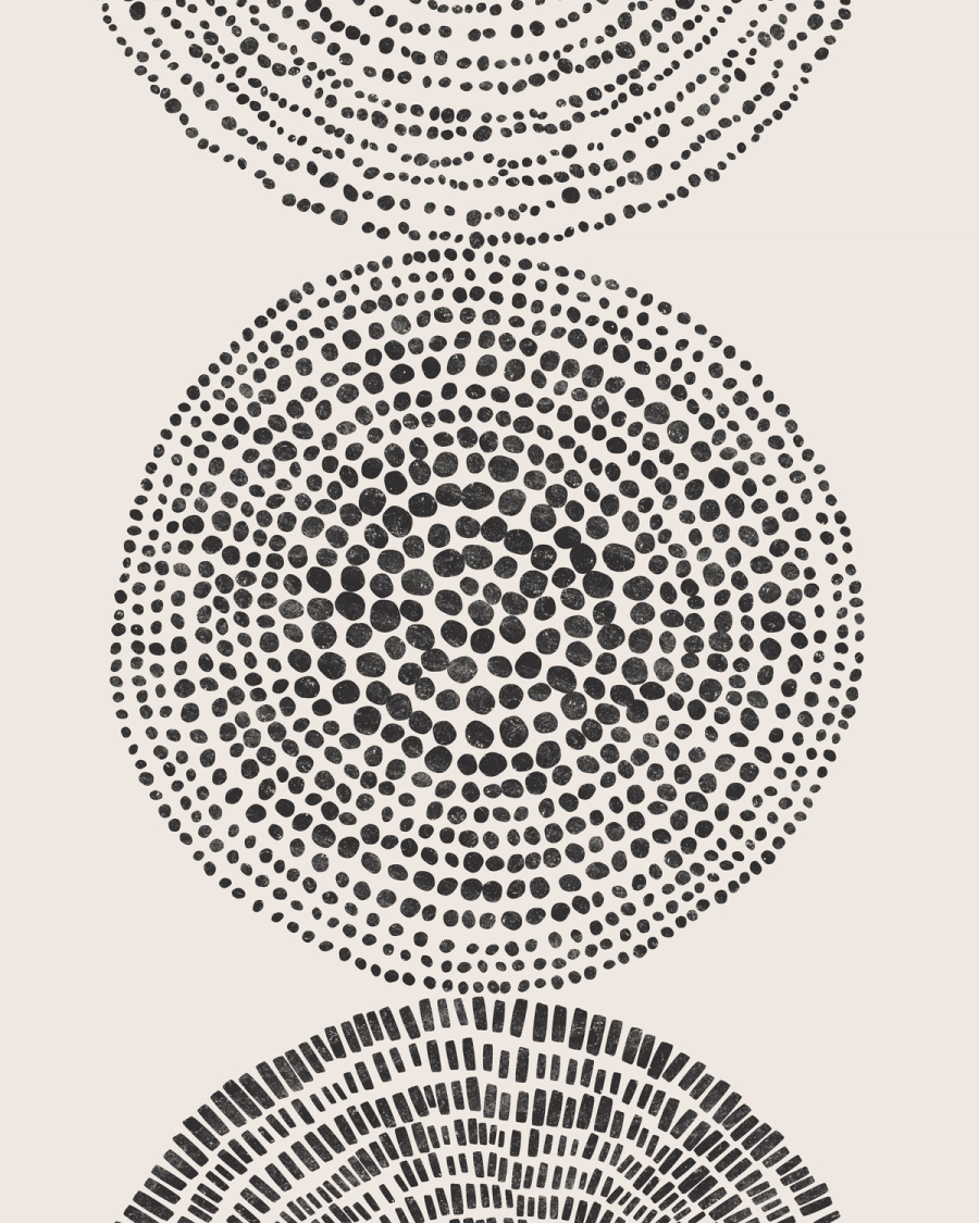 Abstract poster with three circles formed by hand-stamped black dots and dashes on a warm beige background