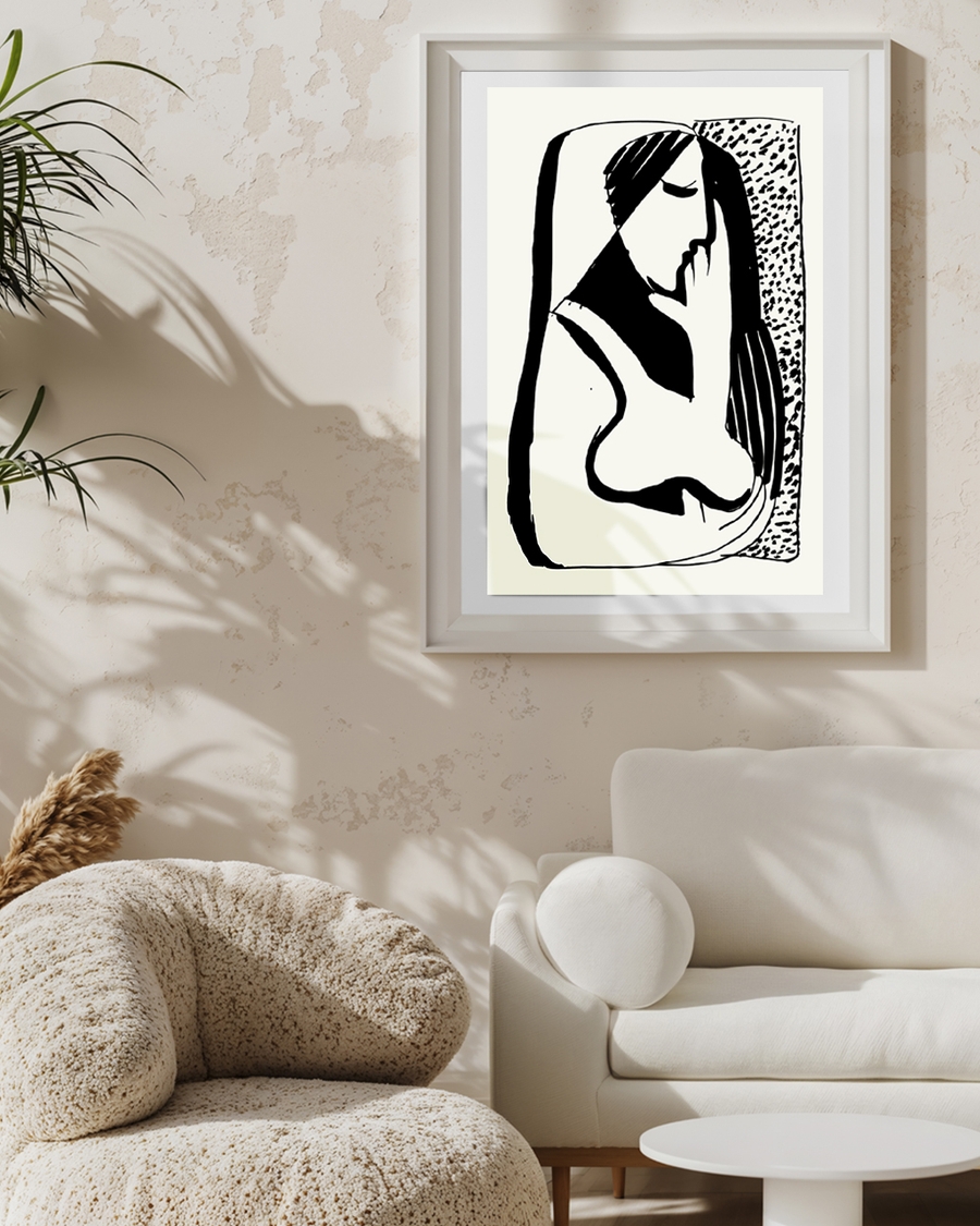 A poster of a Abstract black line figure with textured frame on light background