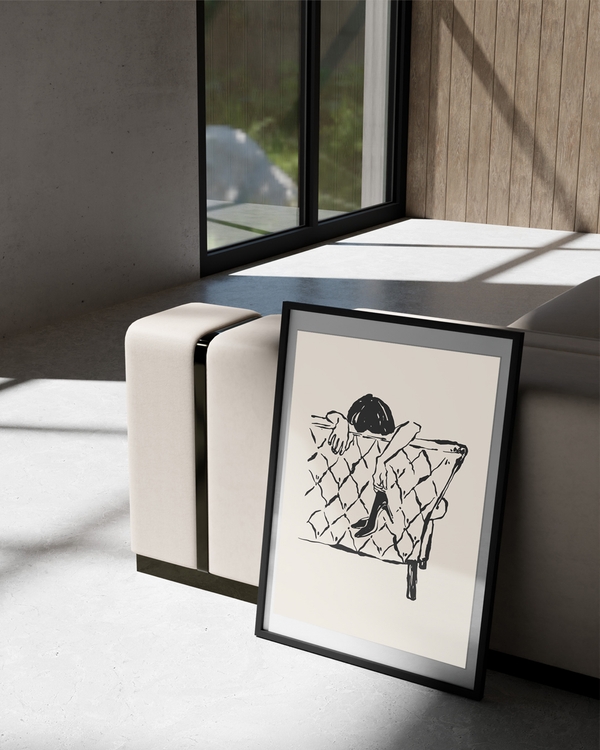 A poster of a Abstract figure resting on chair in black line style