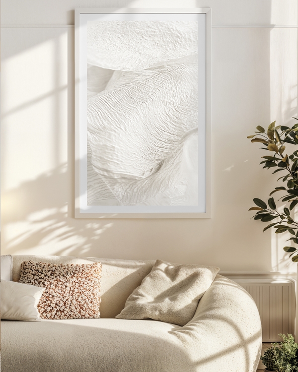 A poster of a Close-up of textured dried lily petals in beige tones.