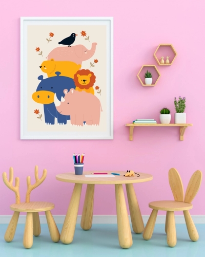 A poster of a stacked animals including elephant, hippo, rhino, lion, bird.