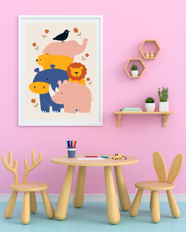 A poster of a stacked animals including elephant, hippo, rhino, lion, bird.