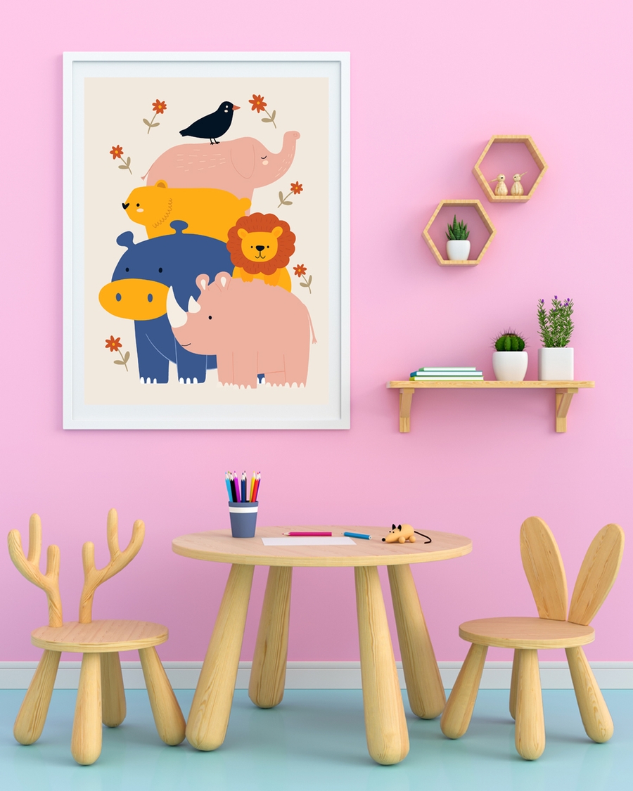 A poster of a stacked animals including elephant, hippo, rhino, lion, bird.