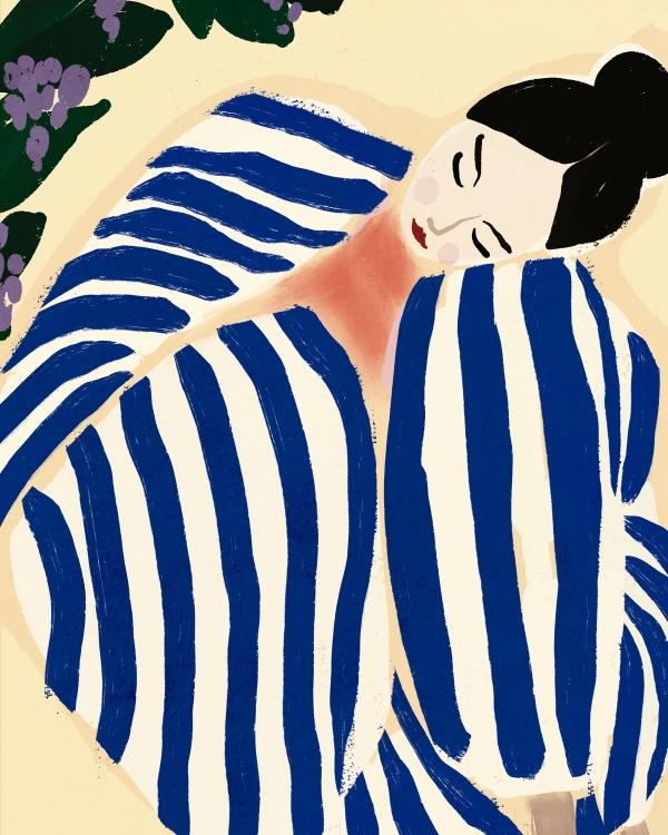 Illustration of a woman resting in a blue and white striped robe under a grapevine on a cream background