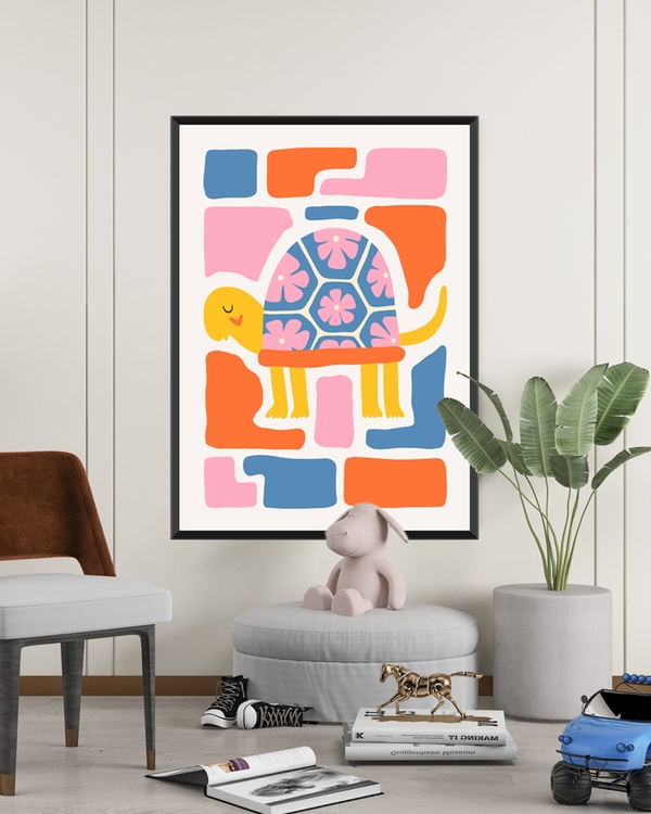 A poster of a Smiling turtle, floral shell, playful Nordic colors