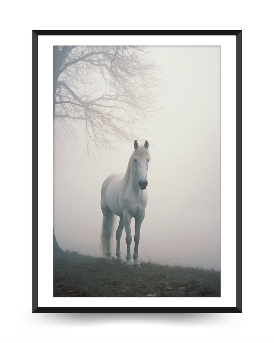 A poster of a White horse standing in soft fog near bare tree