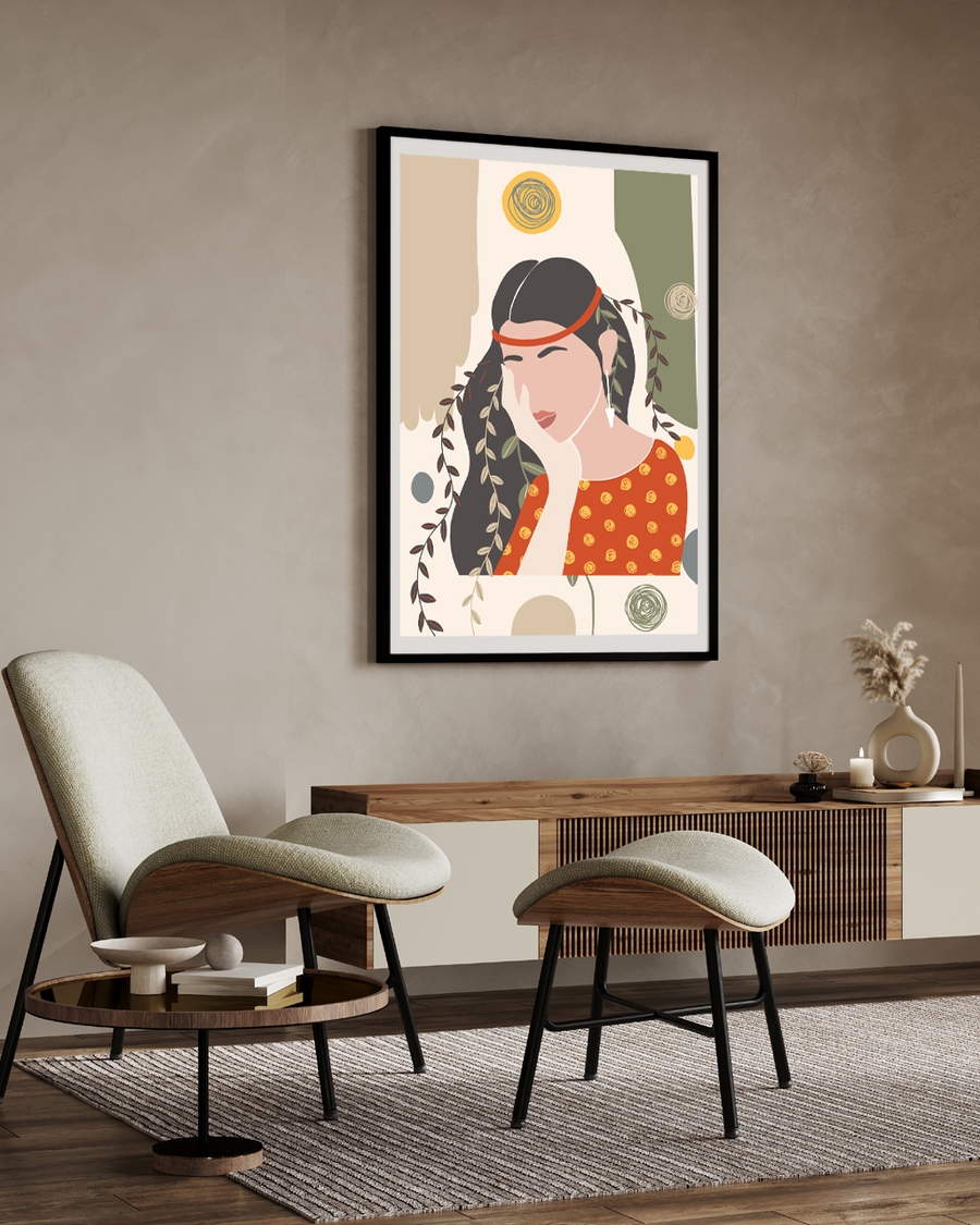 A poster of a Abstract boho woman with leaves and terracotta
