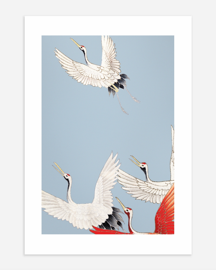 A poster of a Japandi art with flying cranes on blue background