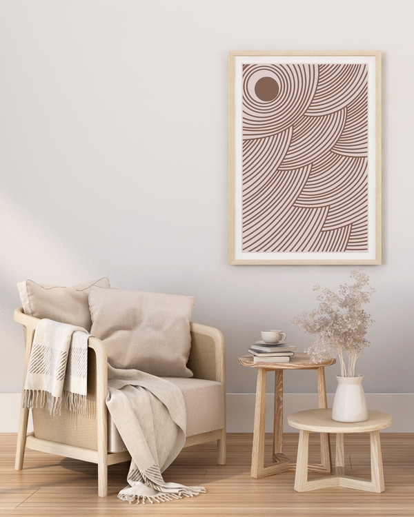A poster of a Brown abstract curved lines forming circular patterns