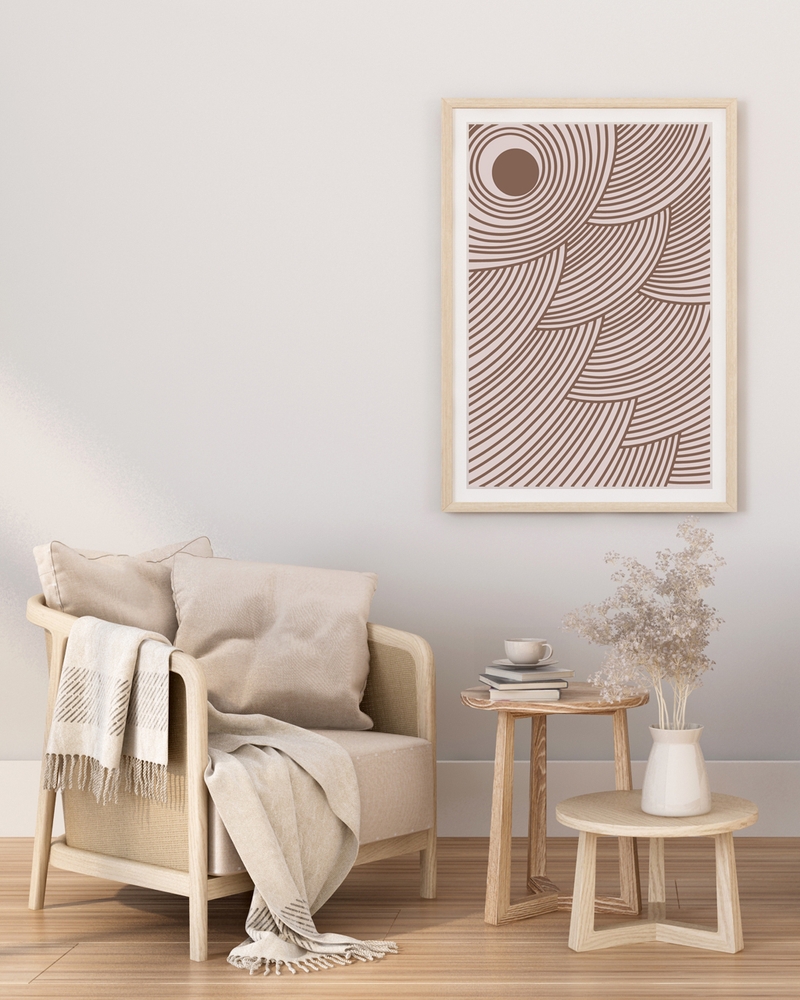 A poster of a Brown abstract curved lines forming circular patterns