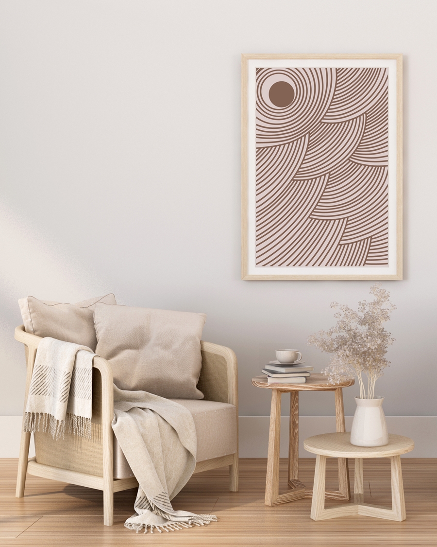 A poster of a Brown abstract curved lines forming circular patterns