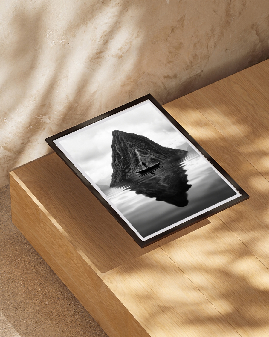 A poster of a Silhouette in boat with mountain reflection in water