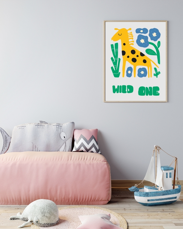 A poster of a Yellow giraffe with blue flowers and greenery