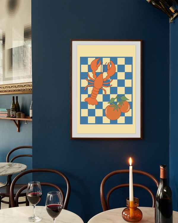 A poster of a Graphic lobster and tomatoes on blue checkerboard