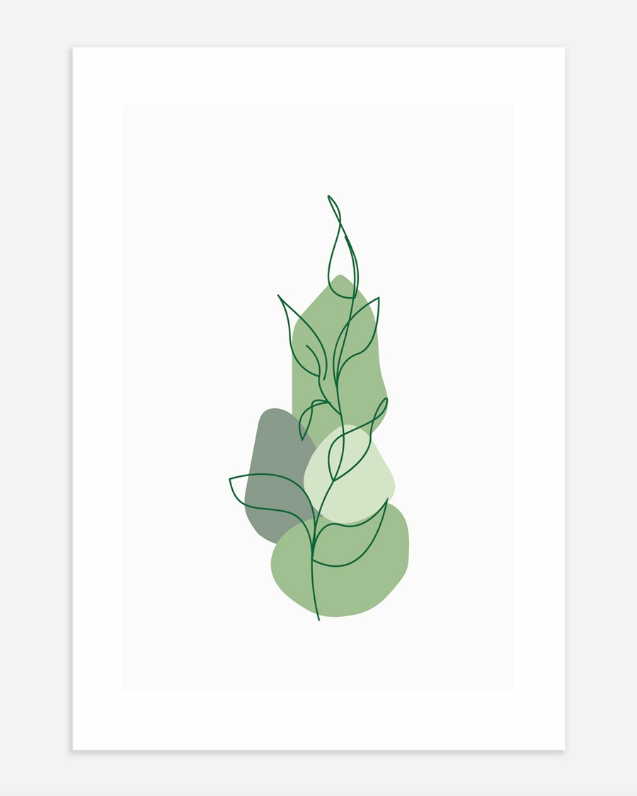 A poster of a Minimal green line plant over soft abstract shapes