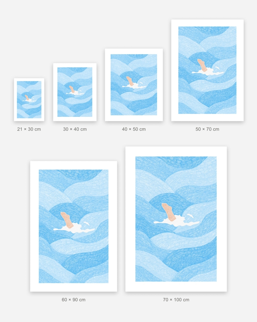 Blue Plunge poster in 6 sizes, shown to scale: 21 × 30, 30 × 40, 40 × 50, 50 × 70, 60 × 90 and 70 × 100 cm