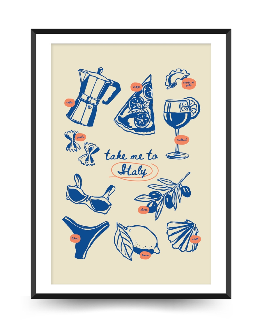 A poster of a Illustrated Italian food icons with take me to Italy