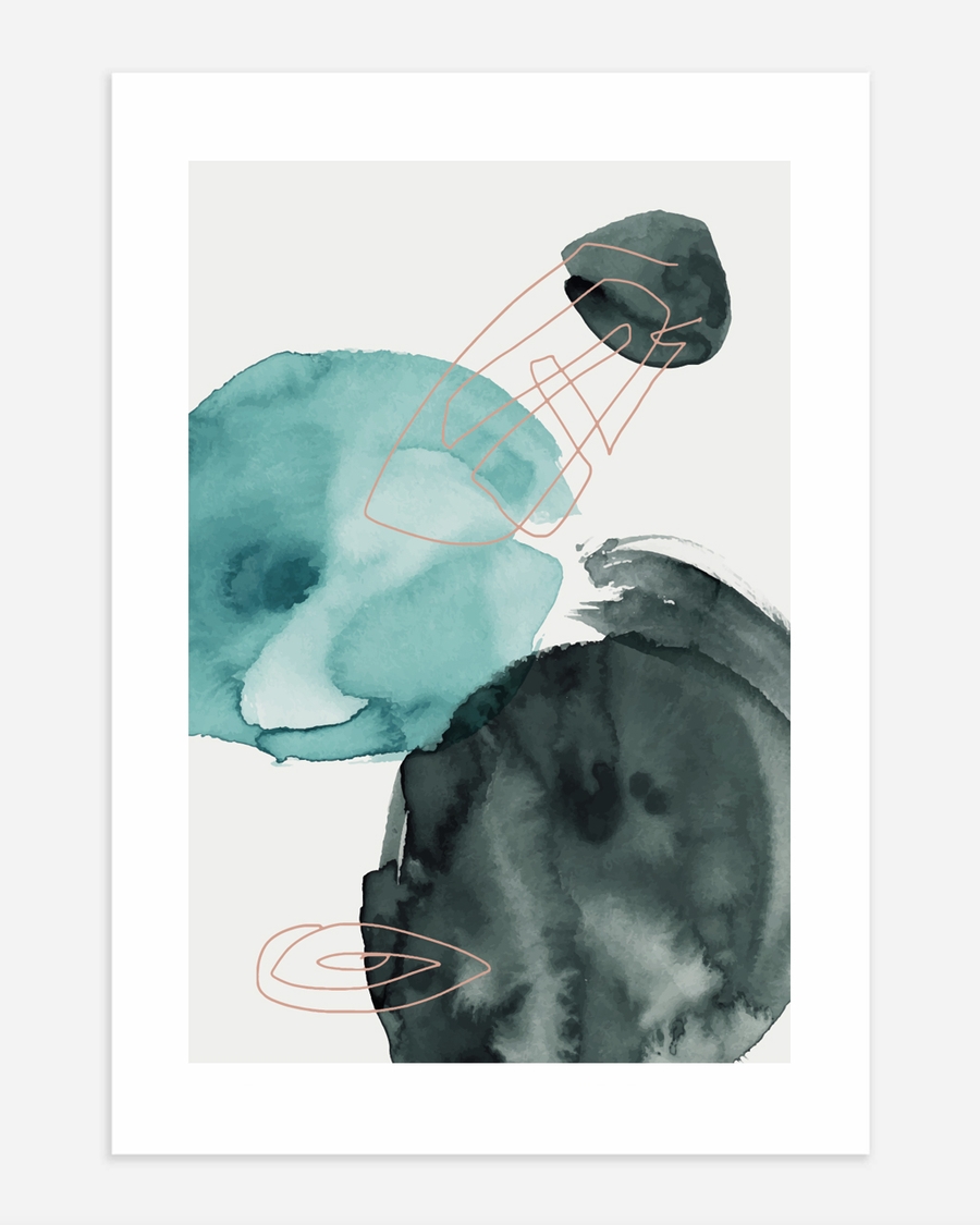 A poster of a Abstract teal watercolor shapes with warm lines