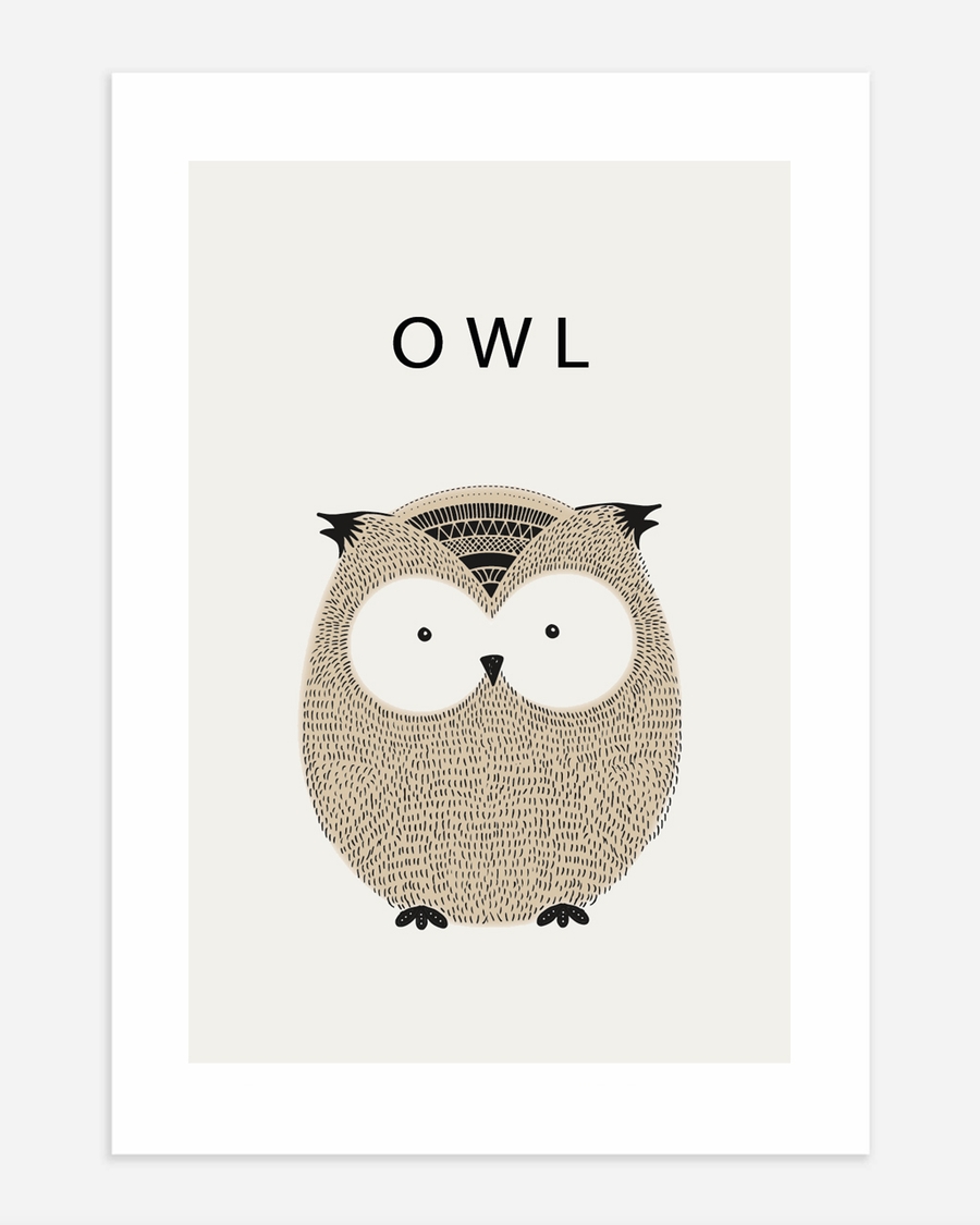 A poster of a Cute illustrated owl in soft neutral colors