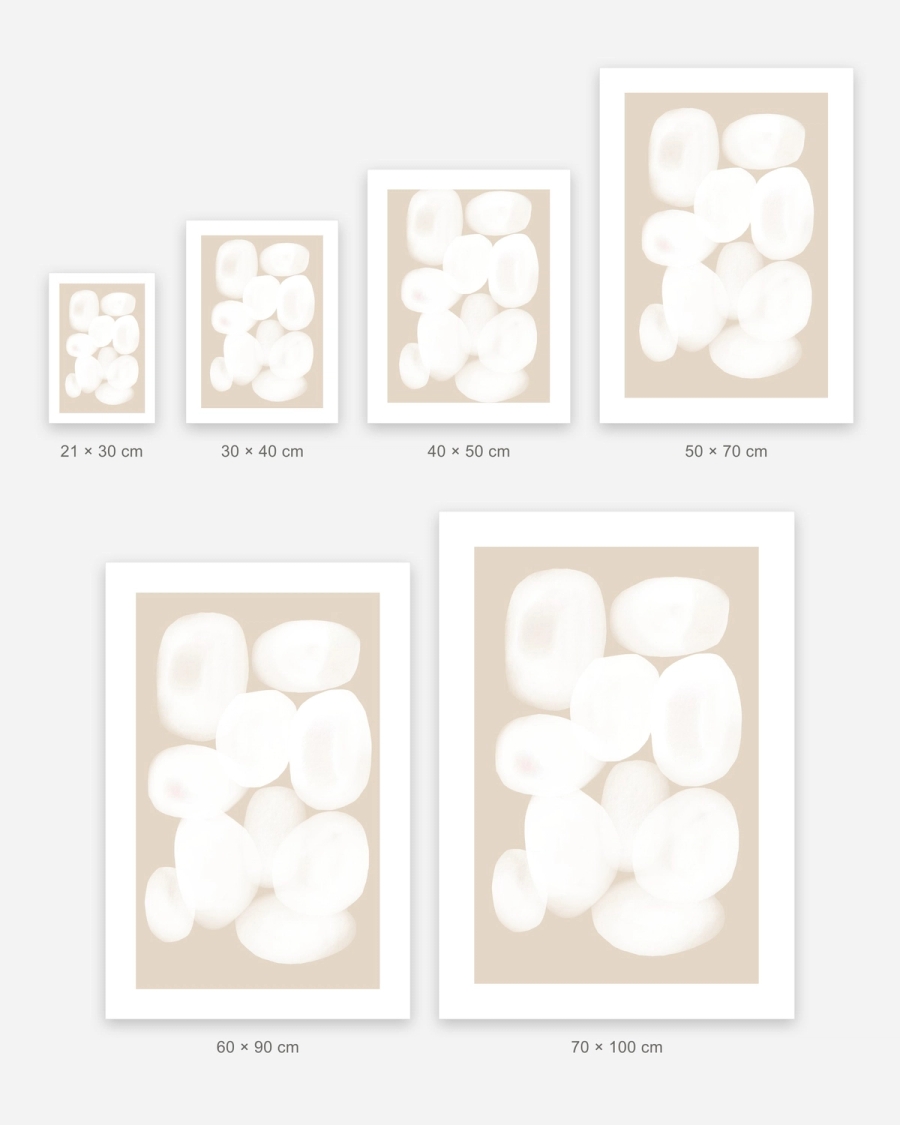 Chalk Pebbles poster in 6 sizes, shown to scale: 21 × 30, 30 × 40, 40 × 50, 50 × 70, 60 × 90 and 70 × 100 cm